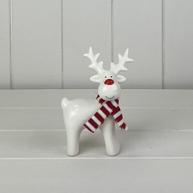 Medium White Ceramic Reindeer Ornament with Knitted Scarf detail page